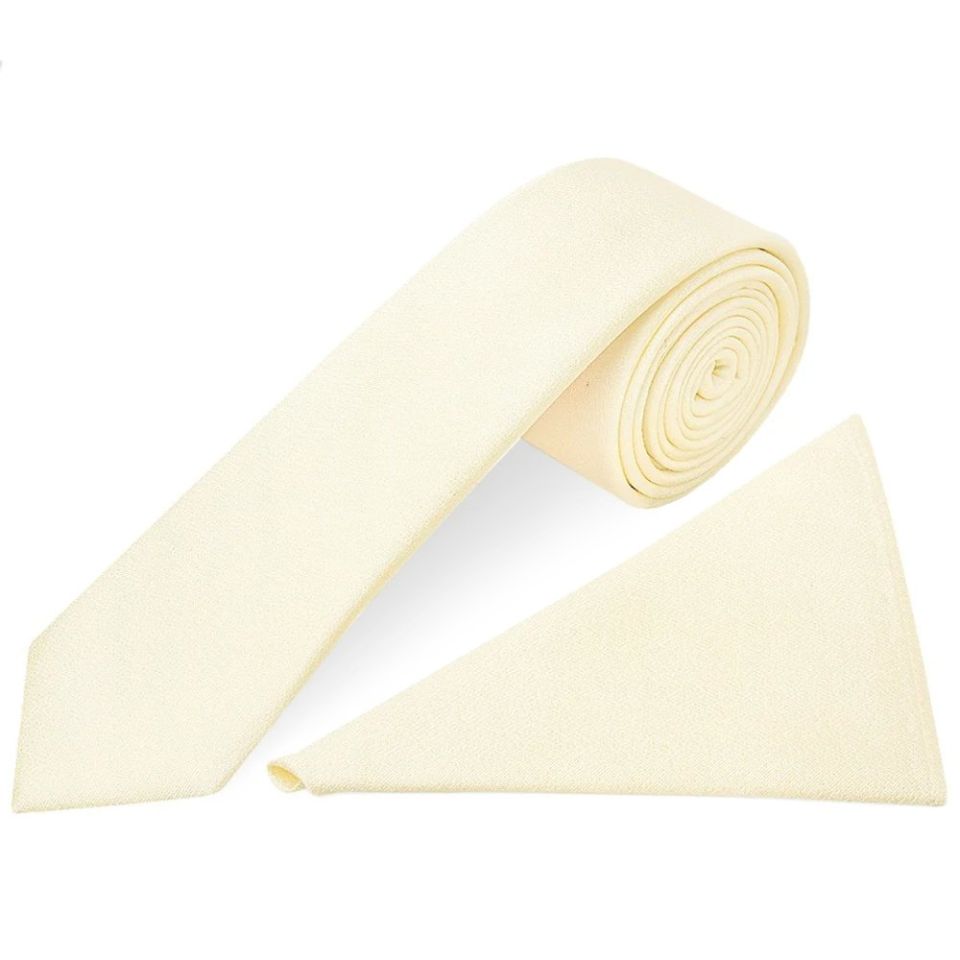 Plain Ivory Silk Skinny Boys Tie and Pocket Square Set