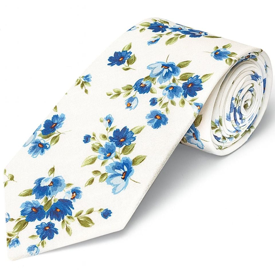 Men's White Cotton Classic Tie with Blue Flower Pattern