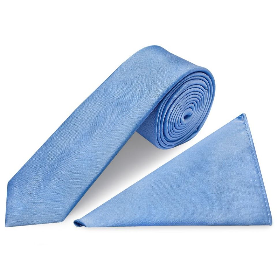 Plain Steel Blue Boys Satin Skinny Tie and Pocket Square Set