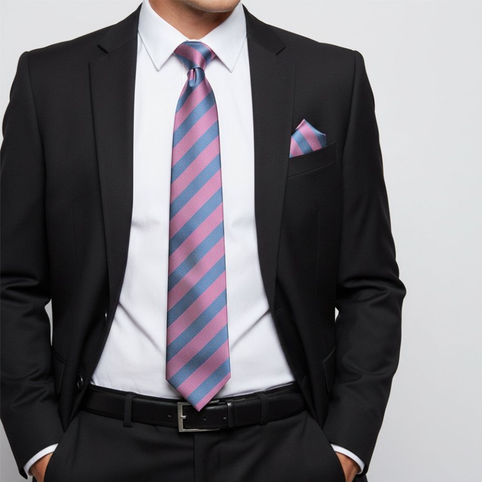 Pink and Light Blue Striped Classic Men's Tie and Pocket Square Set