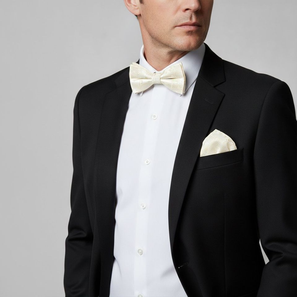 Ivory Floral Handmade Mens Bow Tie and Pocket Square Set