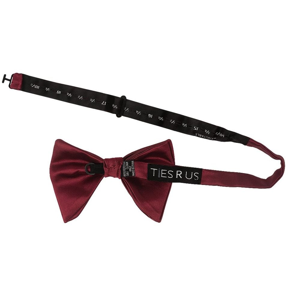 Mens Plain Burgundy Satin Oversized Bow Tie and Pocket Square Set