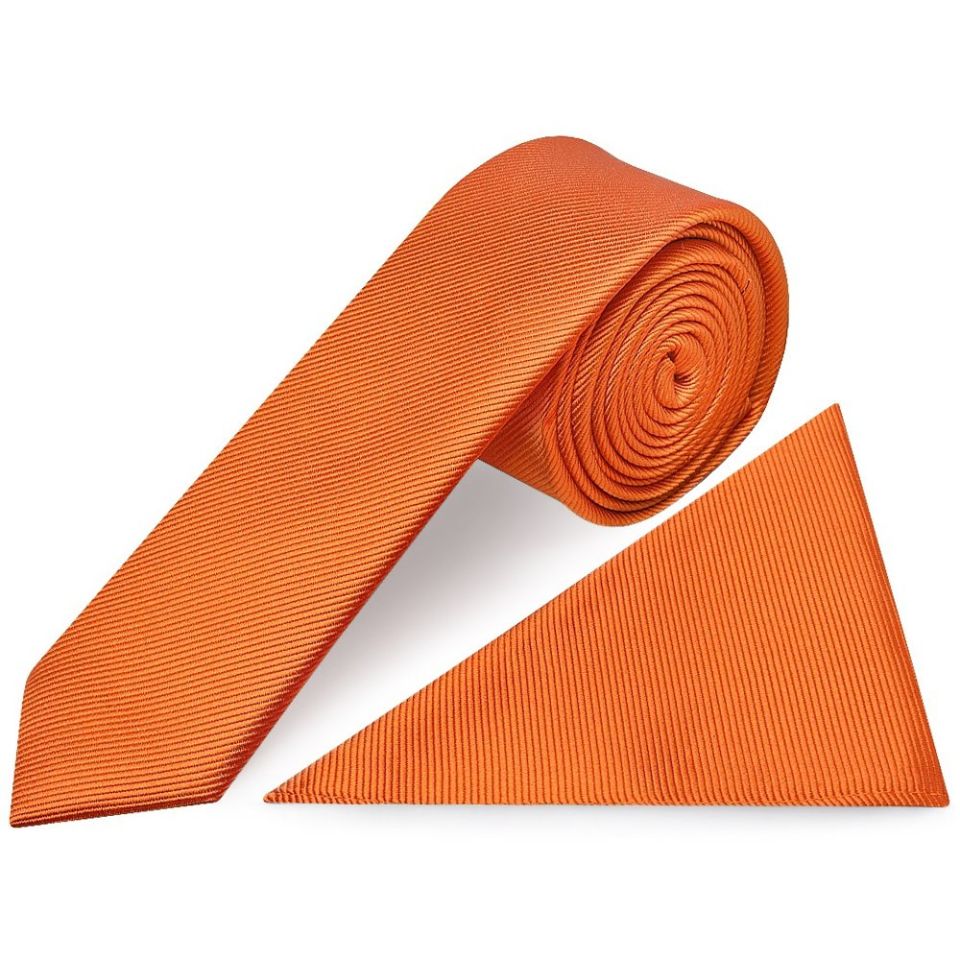 Orange Silk Twill Skinny Mens Tie and Pocket Square Set