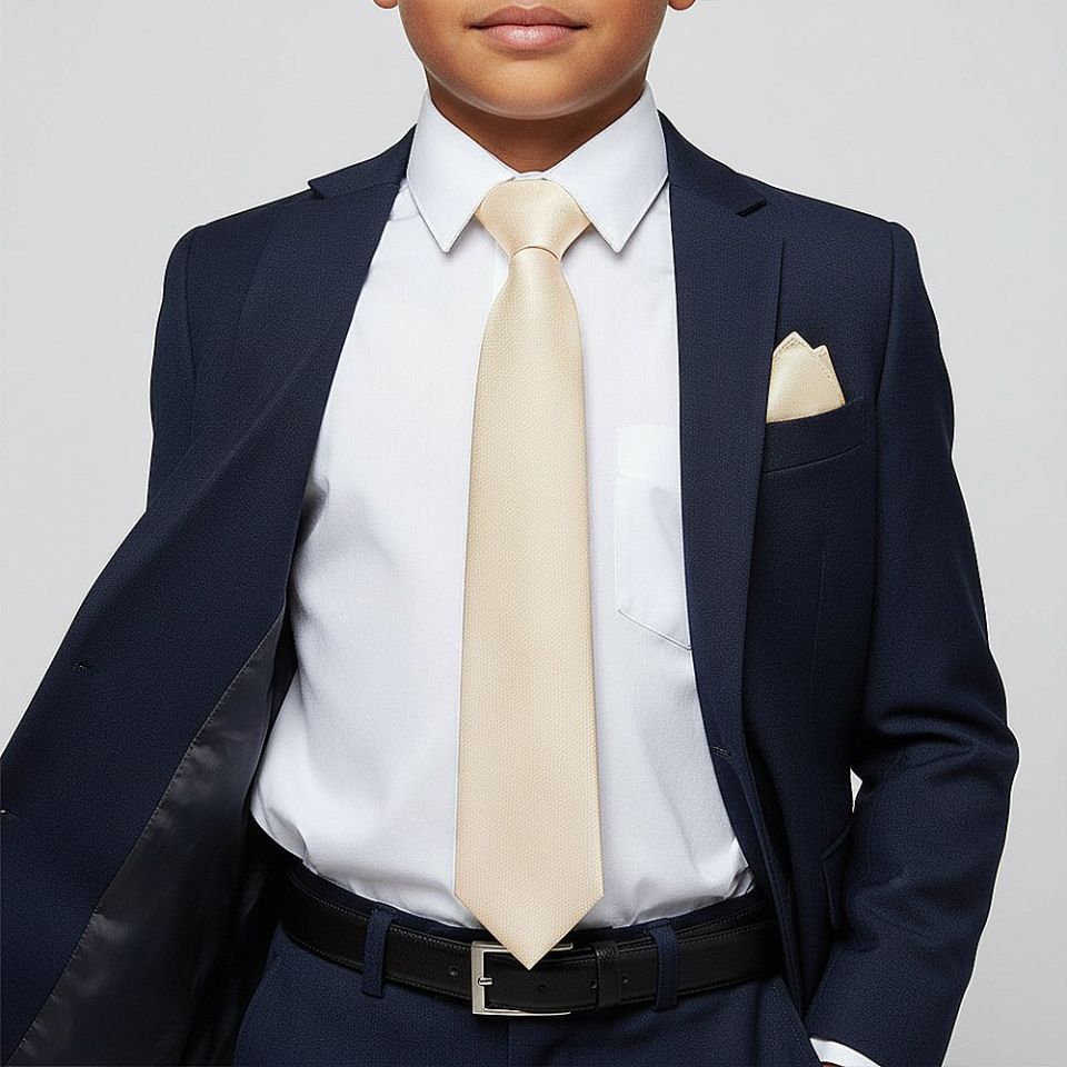 Plain Champagne Silk Skinny Boys Tie and Pocket Square Set