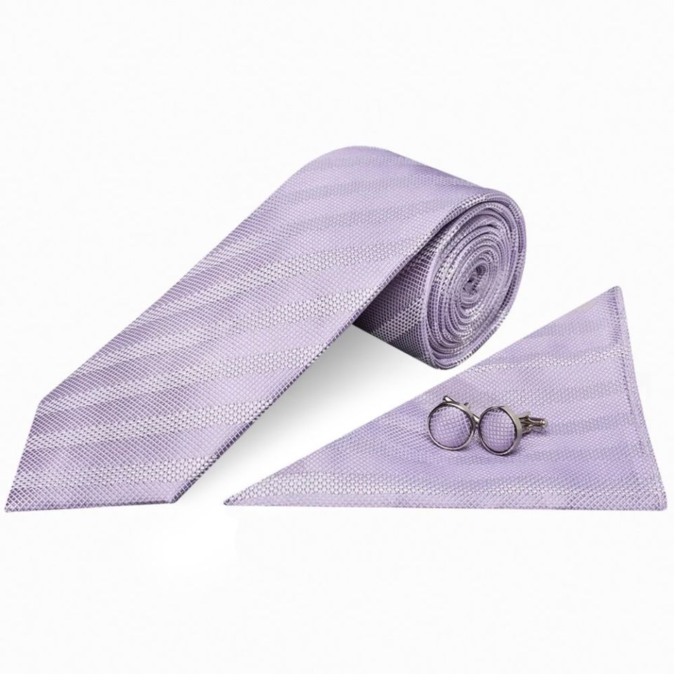 Lilac Textured Stripe Mens Silk Classic Tie Pocket Square and Cufflinks Box Set